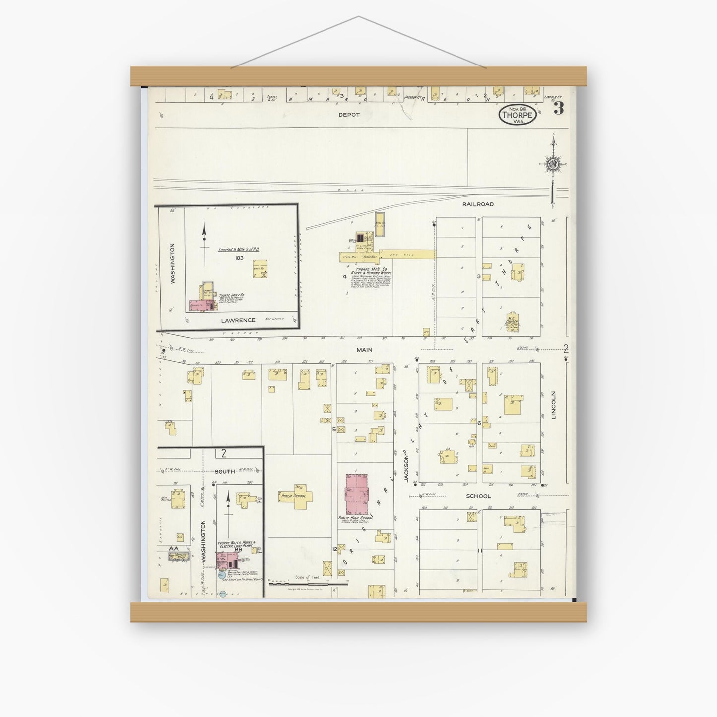 Old map wall art mockup — magnetic wood frame on white wall — Sanborn Fire Insurance Map from Thorpe, Clark County, Wisconsin (1916), Sheet #0003
