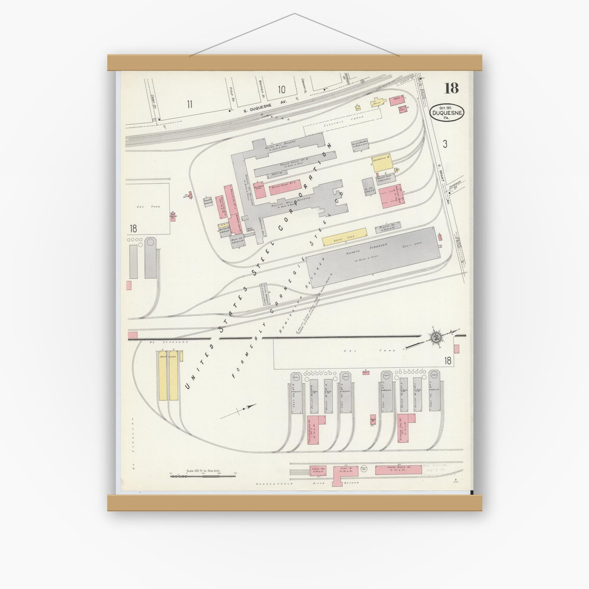 Old map wall art mockup — magnetic wood frame on white wall — Sanborn Fire Insurance Map from Duquesne, Allegheny County, Pennsylvania (1911), Sheet #0018