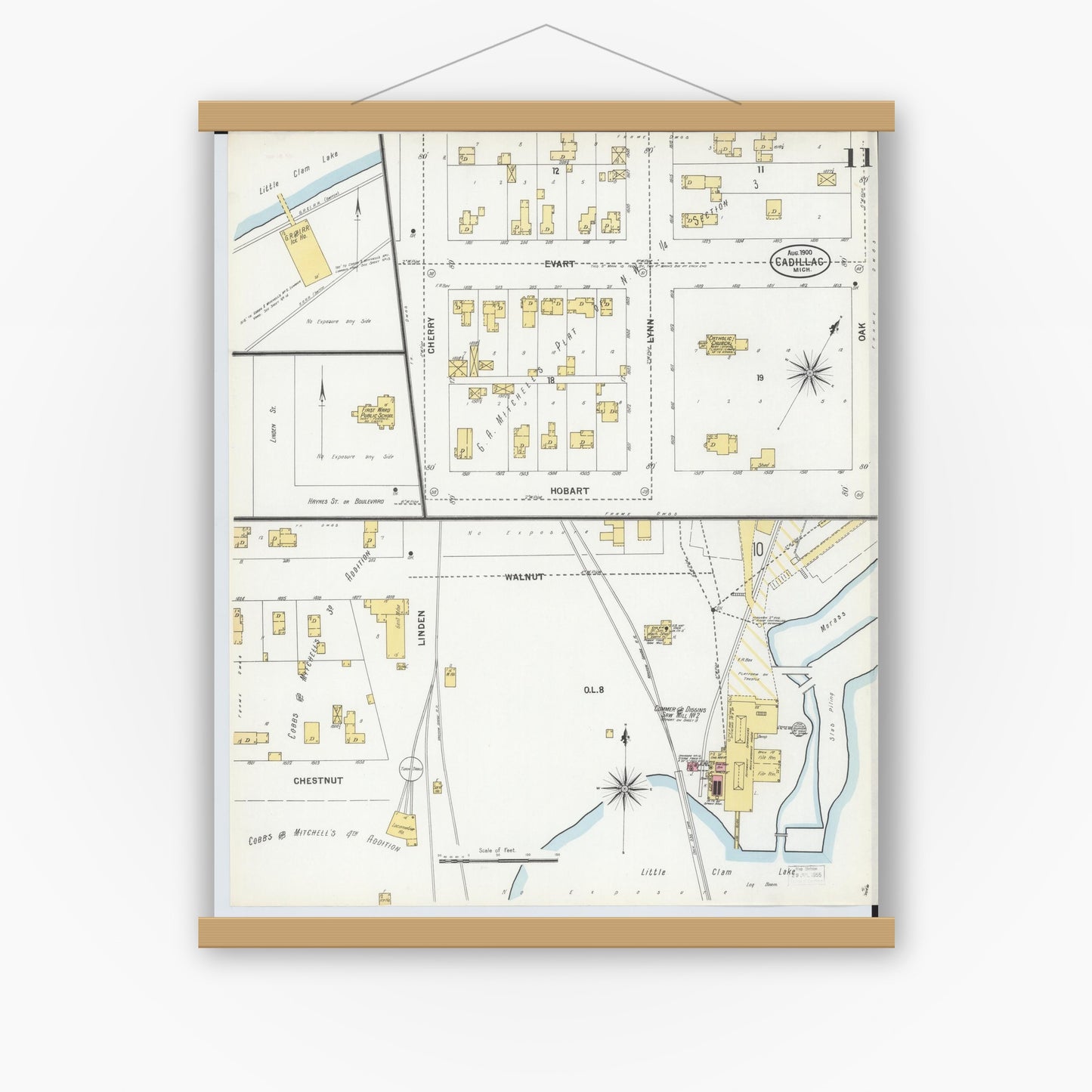 Old map wall art mockup — magnetic wood frame on white wall — Sanborn Fire Insurance Map from Cadillac, Wexford County, Michigan (1900), Sheet #0011