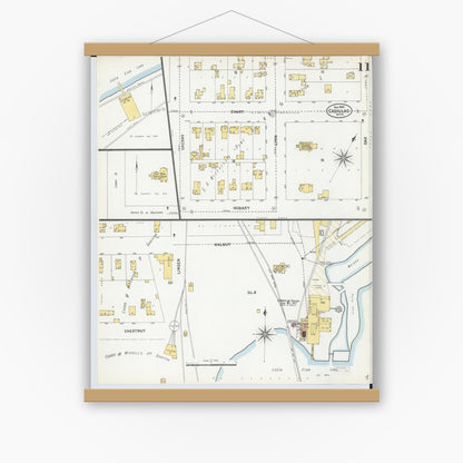 Old map wall art mockup — magnetic wood frame on white wall — Sanborn Fire Insurance Map from Cadillac, Wexford County, Michigan (1900), Sheet #0011