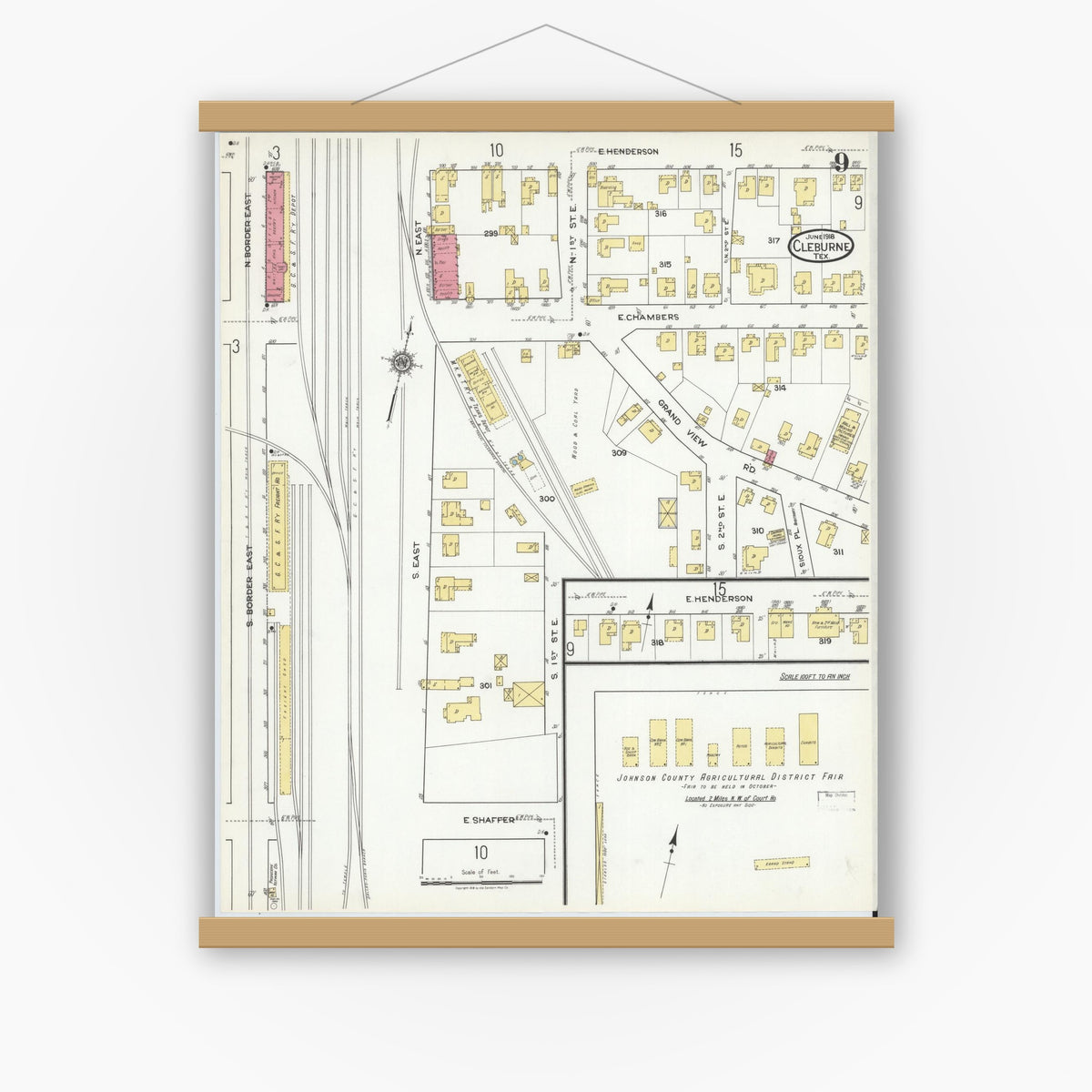 Old map wall art mockup — magnetic wood frame on white wall — Sanborn Fire Insurance Map from Cleburne, Johnson County, Texas (1918), Sheet #0009