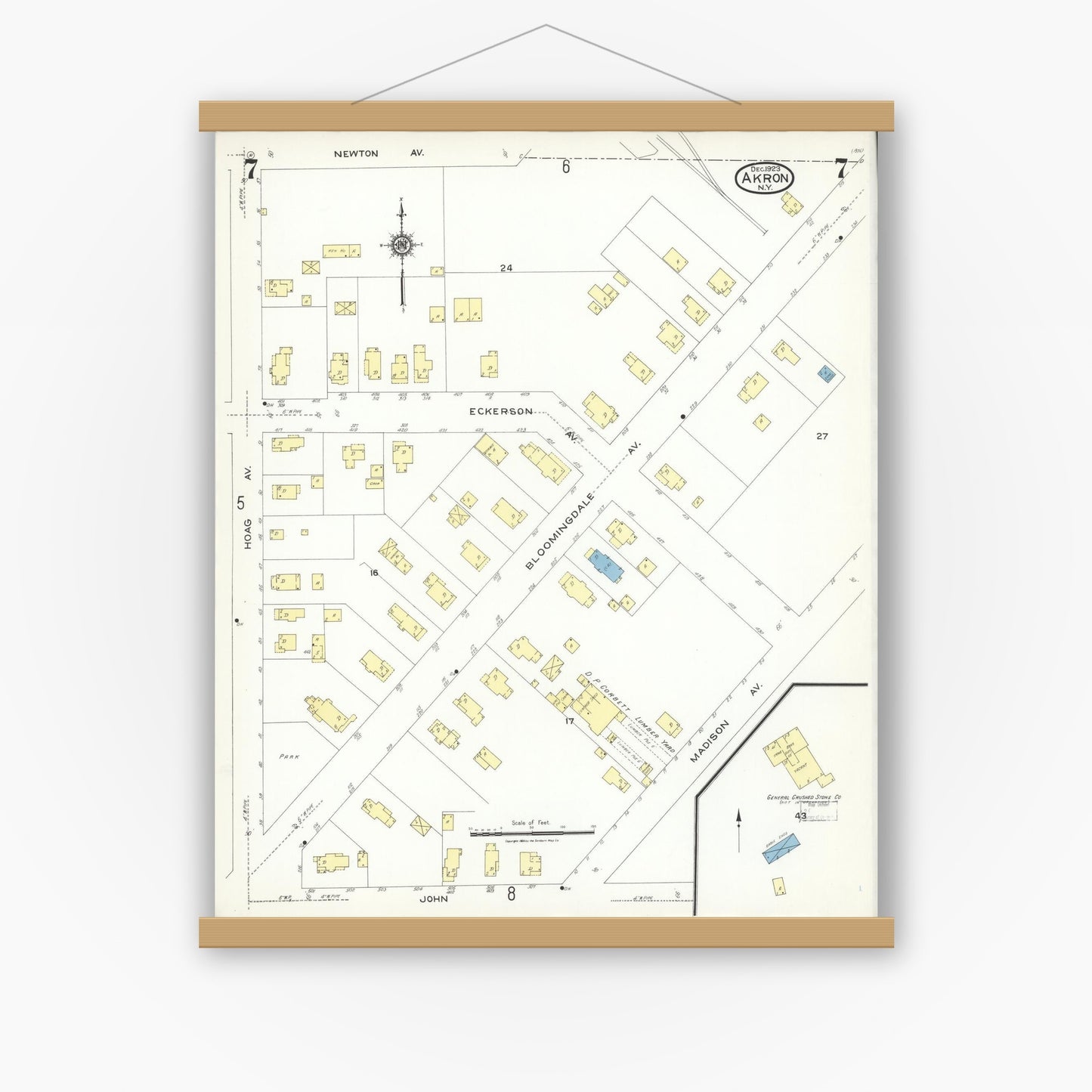 Old map wall art mockup — magnetic wood frame on white wall — Sanborn Fire Insurance Map from Akron, Erie County, New York (1923), Sheet #0007