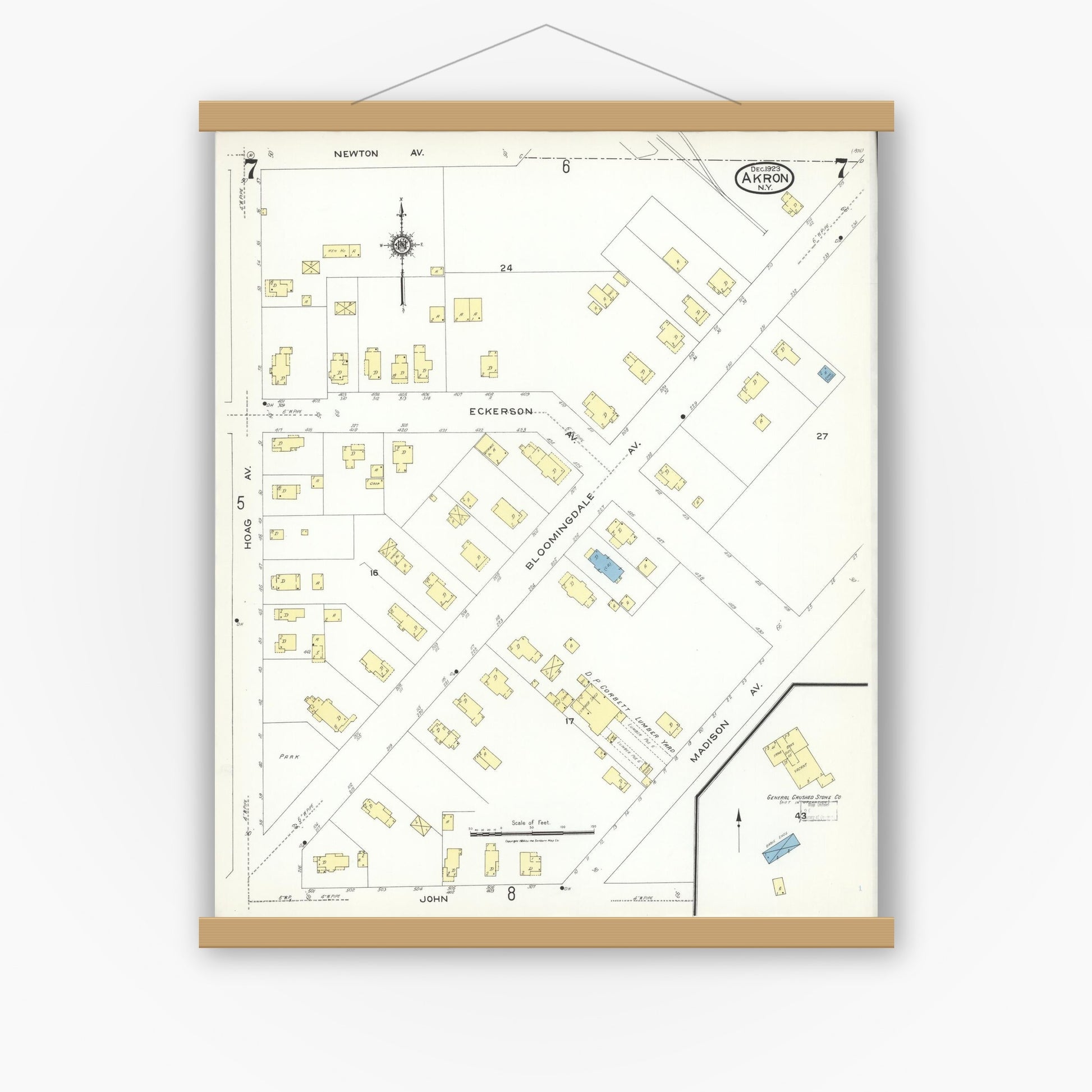 Old map wall art mockup — magnetic wood frame on white wall — Sanborn Fire Insurance Map from Akron, Erie County, New York (1923), Sheet #0007