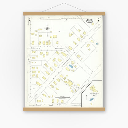 Old map wall art mockup — magnetic wood frame on white wall — Sanborn Fire Insurance Map from Akron, Erie County, New York (1923), Sheet #0007