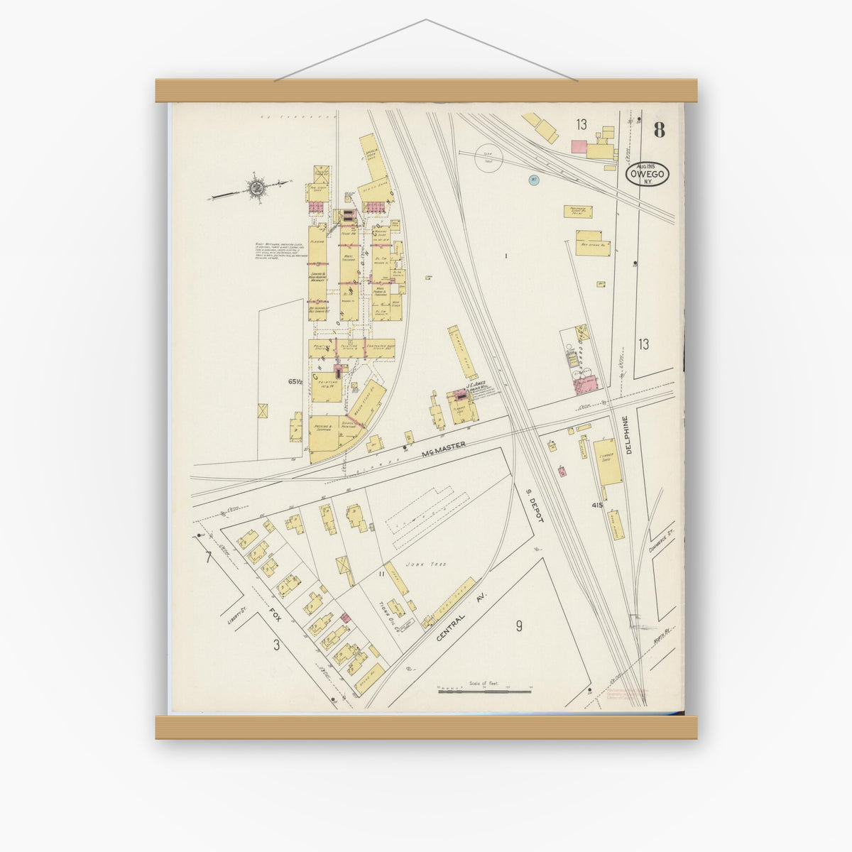 Old map wall art mockup — magnetic wood frame on white wall — Sanborn Fire Insurance Map from Owego, Tioga County, New York (1915), Sheet #0008