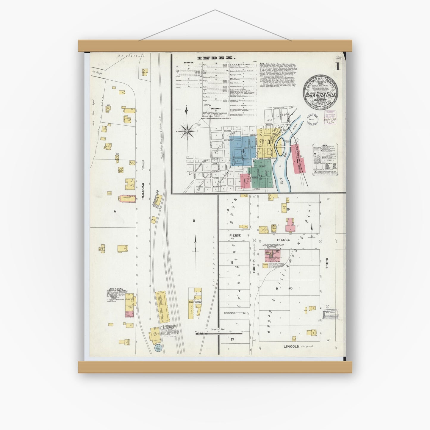 Old map wall art mockup — magnetic wood frame on white wall — Sanborn Fire Insurance Map from Black River Falls, Jackson County, Wisconsin (1902) - Complete Map Set