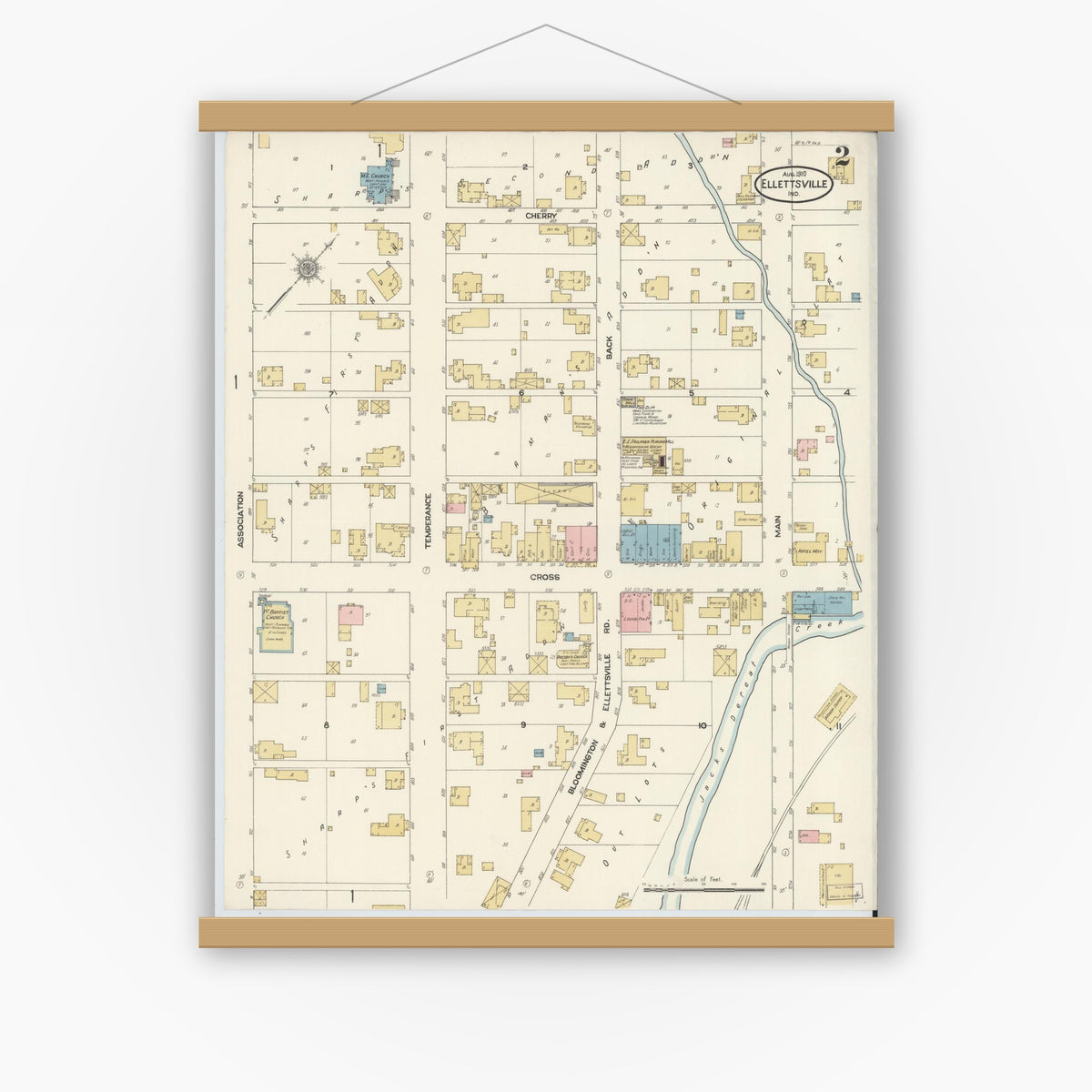 Old map wall art mockup — magnetic wood frame on white wall — Sanborn Fire Insurance Map from Ellettsville, Monroe County, Indiana (1910), Sheet #0002