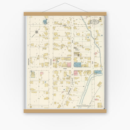 Old map wall art mockup — magnetic wood frame on white wall — Sanborn Fire Insurance Map from Ellettsville, Monroe County, Indiana (1910), Sheet #0002