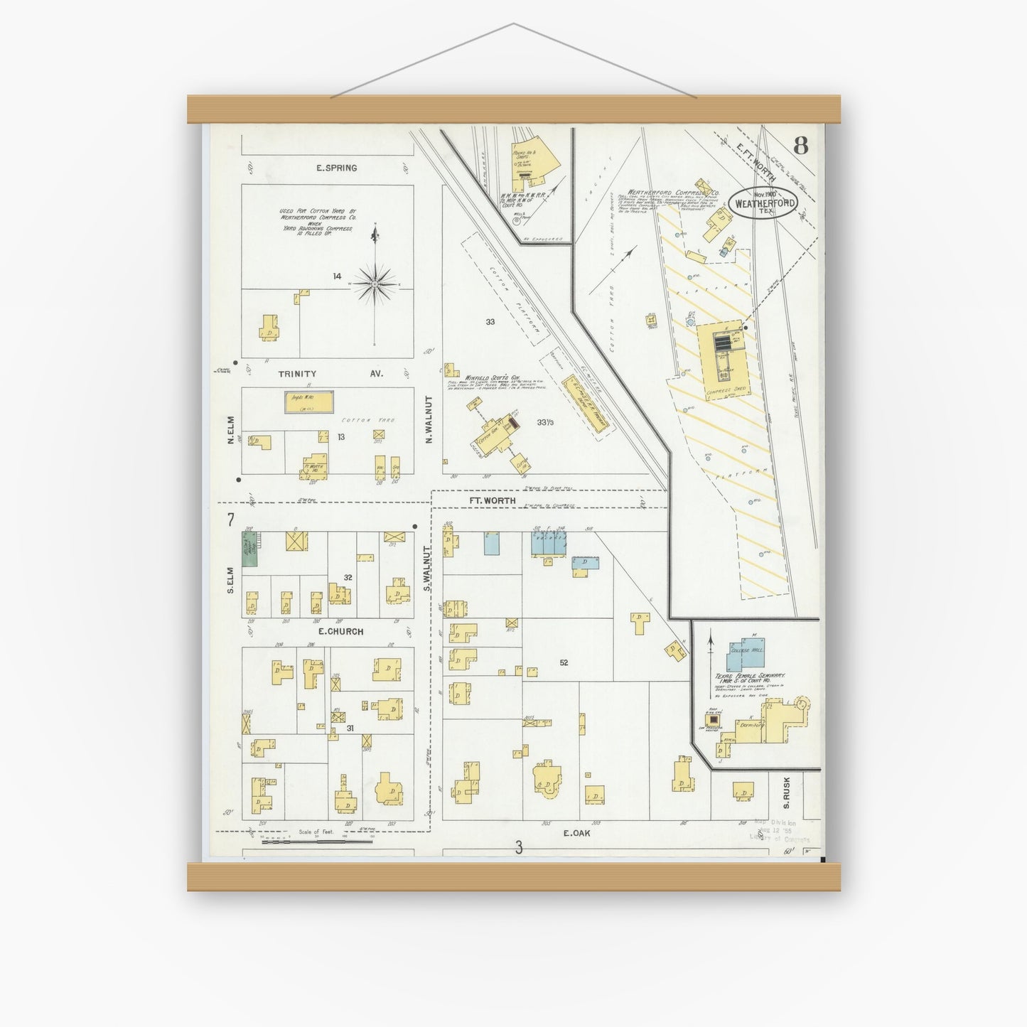 Old map wall art mockup — magnetic wood frame on white wall — Sanborn Fire Insurance Map from Weatherford, Parker County, Texas (1900), Sheet #0008