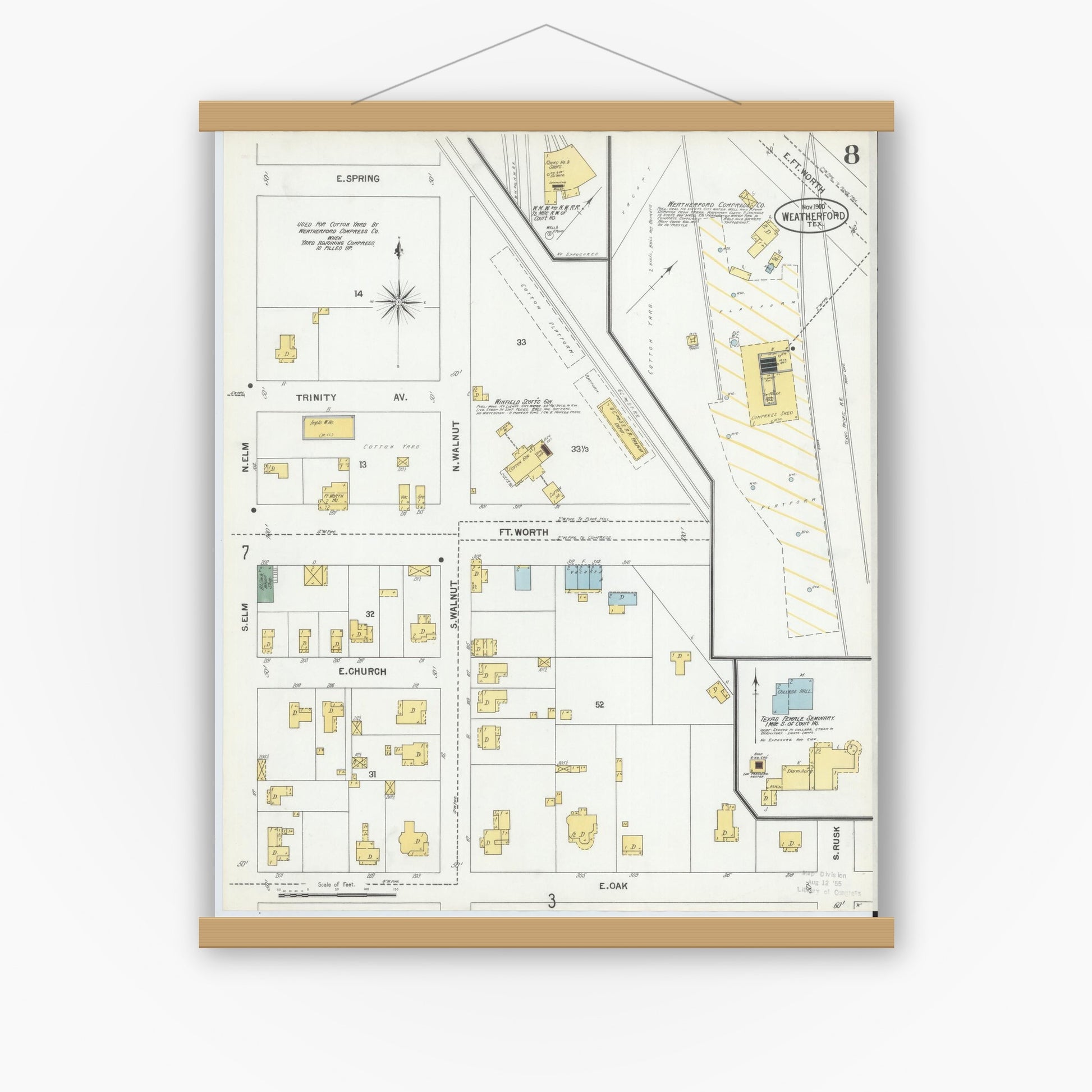 Old map wall art mockup — magnetic wood frame on white wall — Sanborn Fire Insurance Map from Weatherford, Parker County, Texas (1900), Sheet #0008