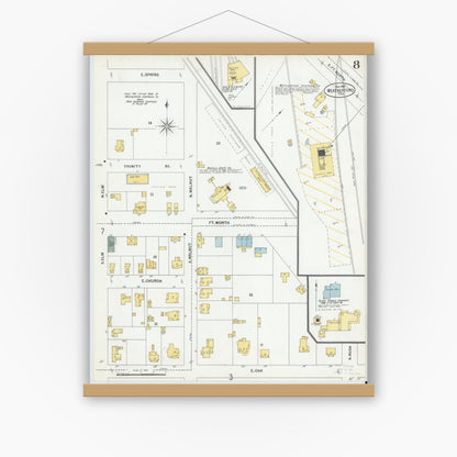 Old map wall art mockup — magnetic wood frame on white wall — Sanborn Fire Insurance Map from Weatherford, Parker County, Texas (1900), Sheet #0008