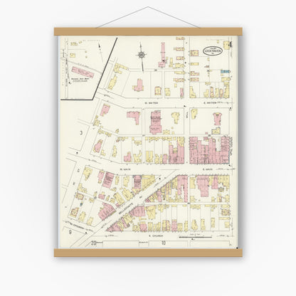 Old map wall art mockup — magnetic wood frame on white wall — Sanborn Fire Insurance Map from Lock Haven, Clinton County, Pennsylvania (1914), Sheet #0004