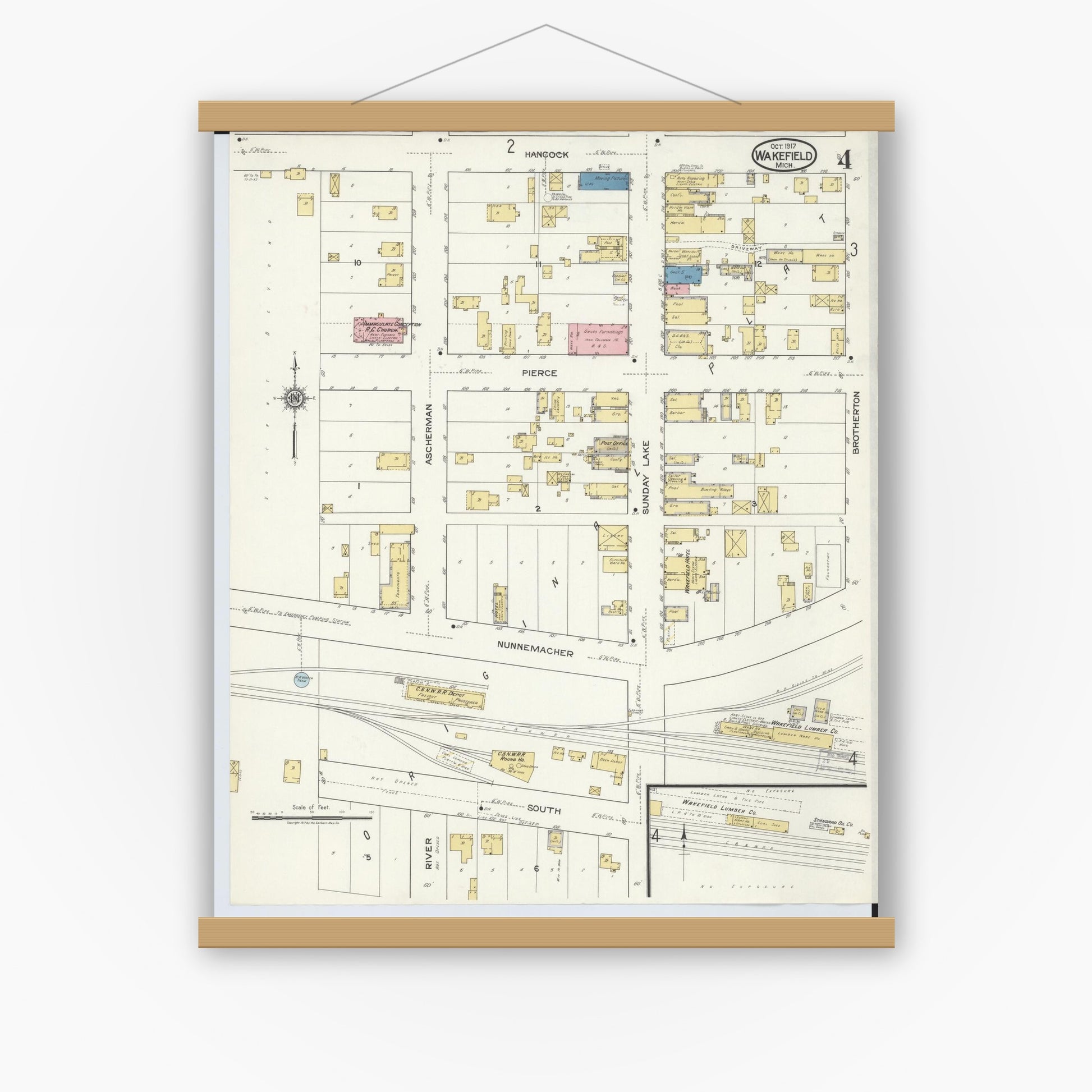 Old map wall art mockup — magnetic wood frame on white wall — Sanborn Fire Insurance Map from Wakefield, Gogebic County, Michigan (1917), Sheet #0004
