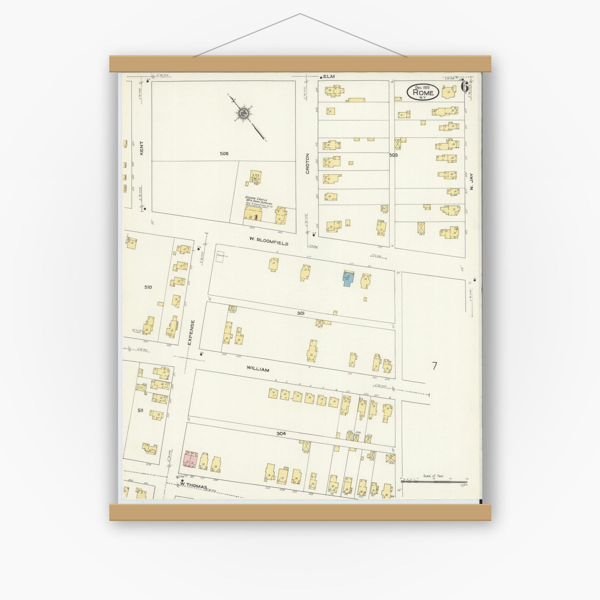 Old map wall art mockup — magnetic wood frame on white wall — Sanborn Fire Insurance Map from Rome, Oneida County, New York (1909), Sheet #0006