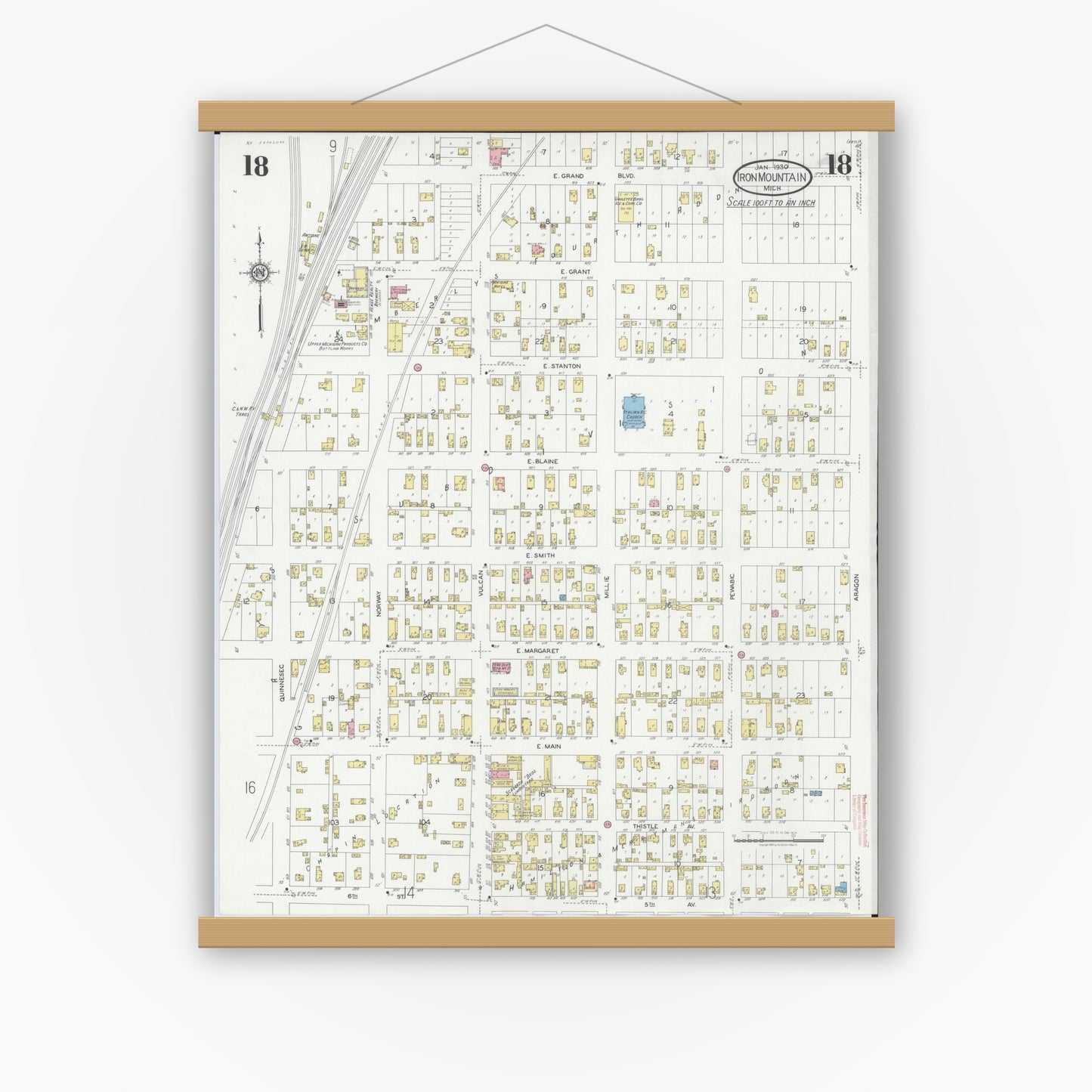 Old map wall art mockup — magnetic wood frame on white wall — Sanborn Fire Insurance Map from Iron Mountain, Dickinson County, Michigan (1930), Sheet #0018