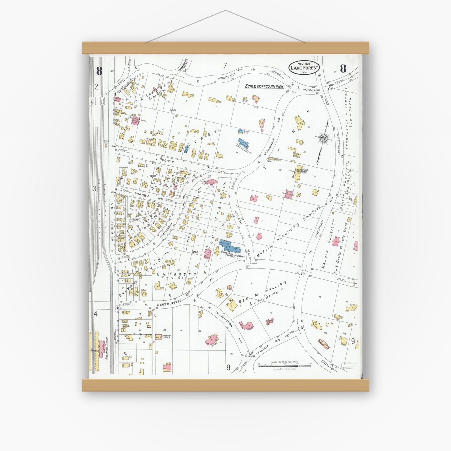 Old map wall art mockup — magnetic wood frame on white wall — Sanborn Fire Insurance Map from Lake Forest, Lake County, Illinois (1926), Sheet #0008