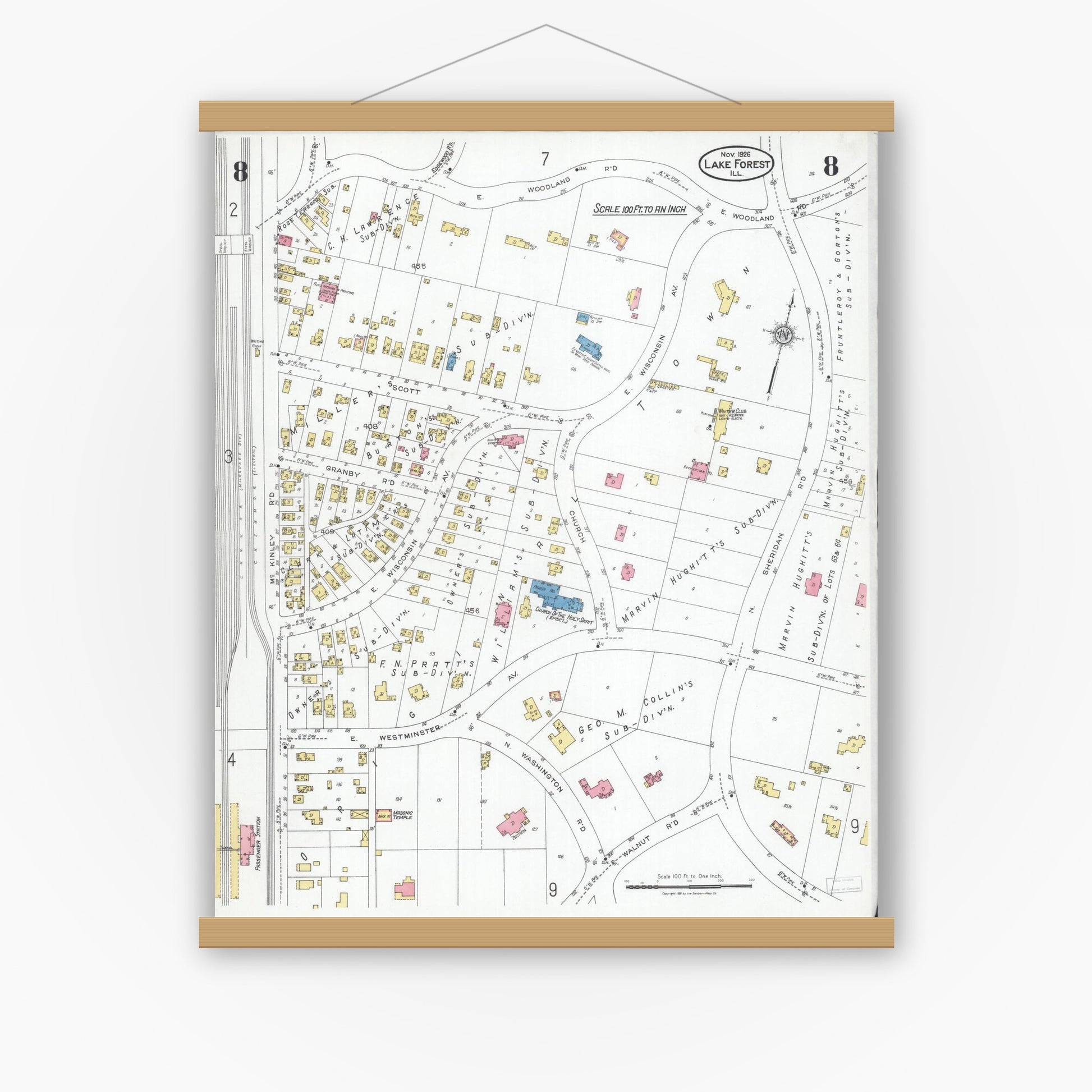 Old map wall art mockup — magnetic wood frame on white wall — Sanborn Fire Insurance Map from Lake Forest, Lake County, Illinois (1926), Sheet #0008