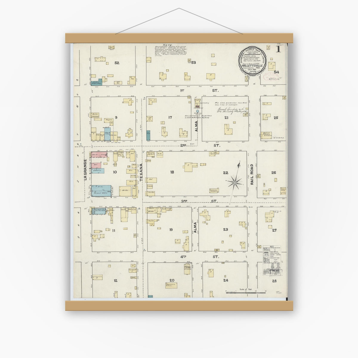 Old map wall art mockup — magnetic wood frame on white wall — Sanborn Fire Insurance Map from Hallettsville, Lavaca County, Texas (1891), Sheet #0001