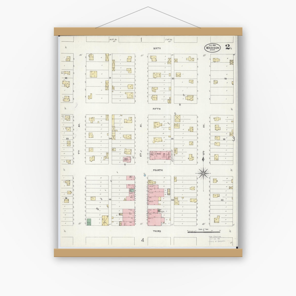 Old map wall art mockup — magnetic wood frame on white wall — Sanborn Fire Insurance Map from Madison, Lac Qui Parle County, Minnesota (1906), Sheet #0002