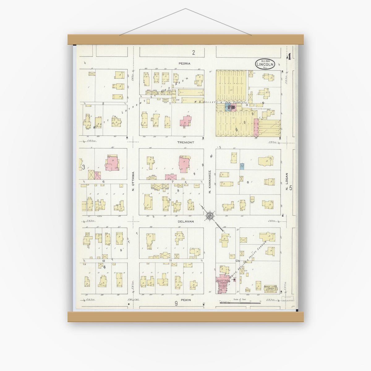 Old map wall art mockup — magnetic wood frame on white wall — Sanborn Fire Insurance Map from Lincoln, Logan County, Illinois (1914), Sheet #0004