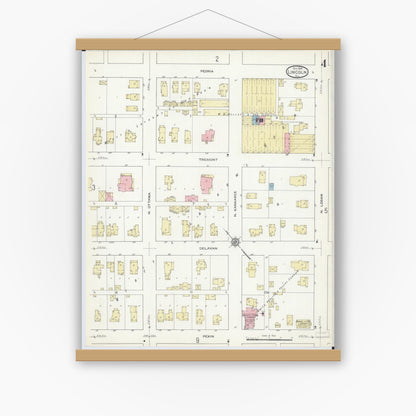 Old map wall art mockup — magnetic wood frame on white wall — Sanborn Fire Insurance Map from Lincoln, Logan County, Illinois (1914), Sheet #0004