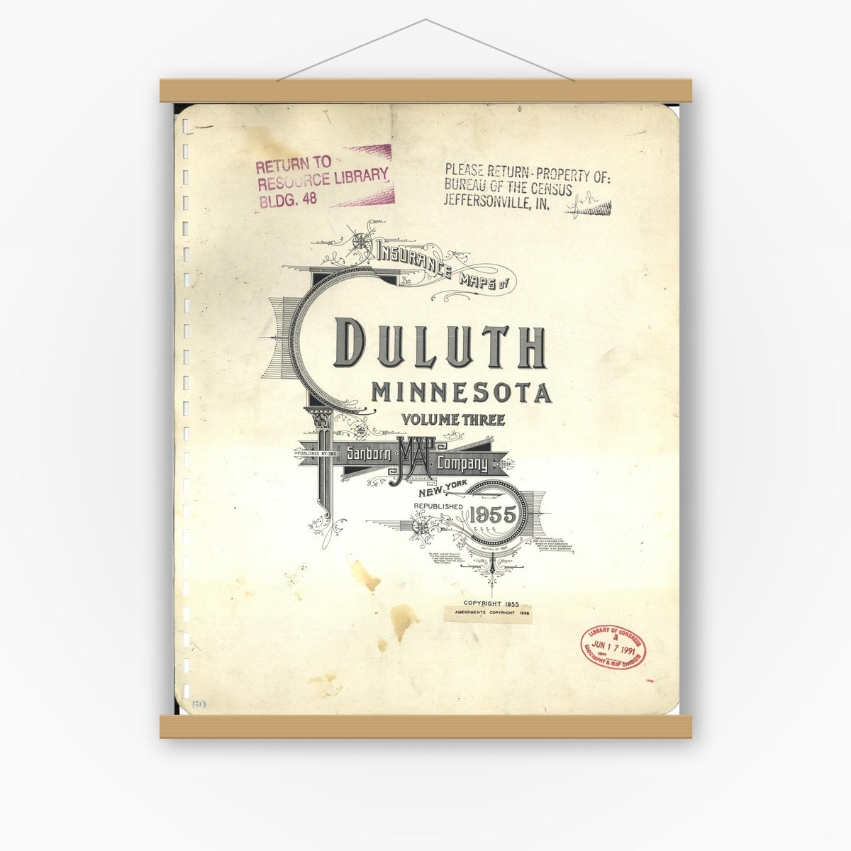 Old map wall art mockup — magnetic wood frame on white wall — Sanborn Fire Insurance Map from Duluth, Saint Louis County, Minnesota (1963), Sheet #0001