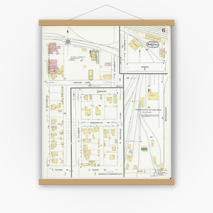 Old map wall art mockup — magnetic wood frame on white wall — Sanborn Fire Insurance Map from Marshall, Harrison County, Texas (1909), Sheet #0006