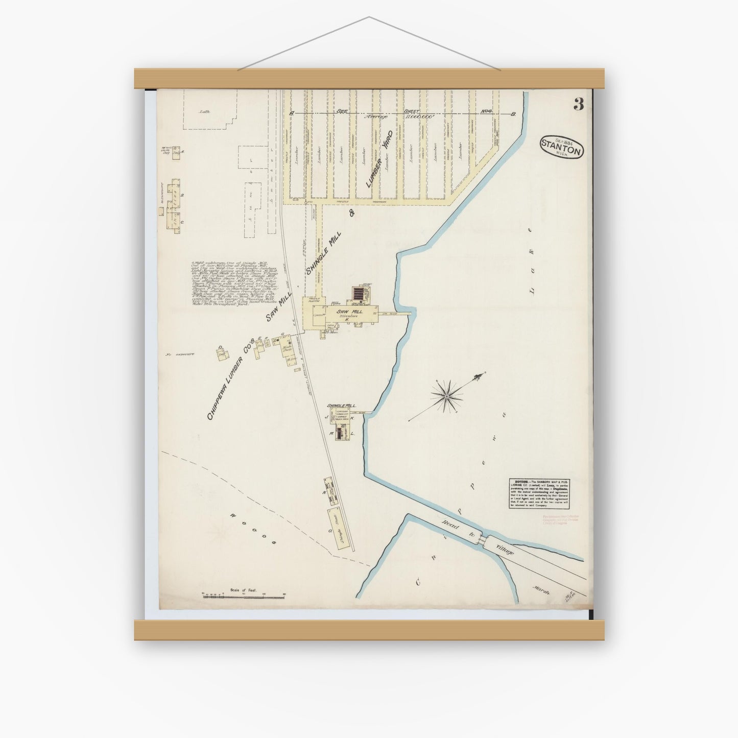 Old map wall art mockup — magnetic wood frame on white wall — Sanborn Fire Insurance Map from Stanton, Montcalm County, Michigan (1884), Sheet #0003