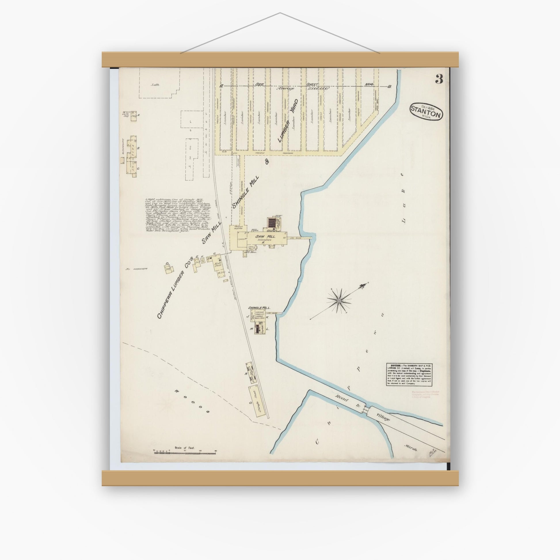 Old map wall art mockup — magnetic wood frame on white wall — Sanborn Fire Insurance Map from Stanton, Montcalm County, Michigan (1884), Sheet #0003