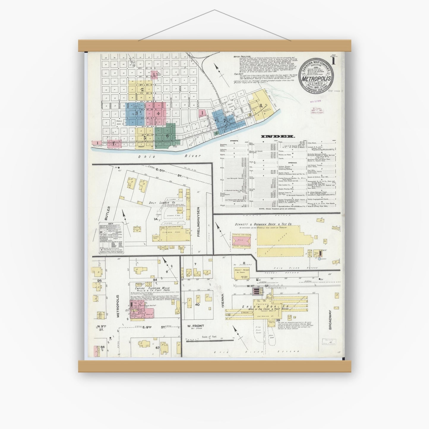 Old map wall art mockup — magnetic wood frame on white wall — Sanborn Fire Insurance Map from Metropolis, Massac County, Illinois (1910), Sheet #0001
