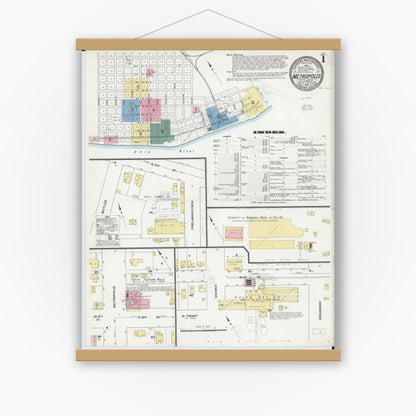Old map wall art mockup — magnetic wood frame on white wall — Sanborn Fire Insurance Map from Metropolis, Massac County, Illinois (1910), Sheet #0001