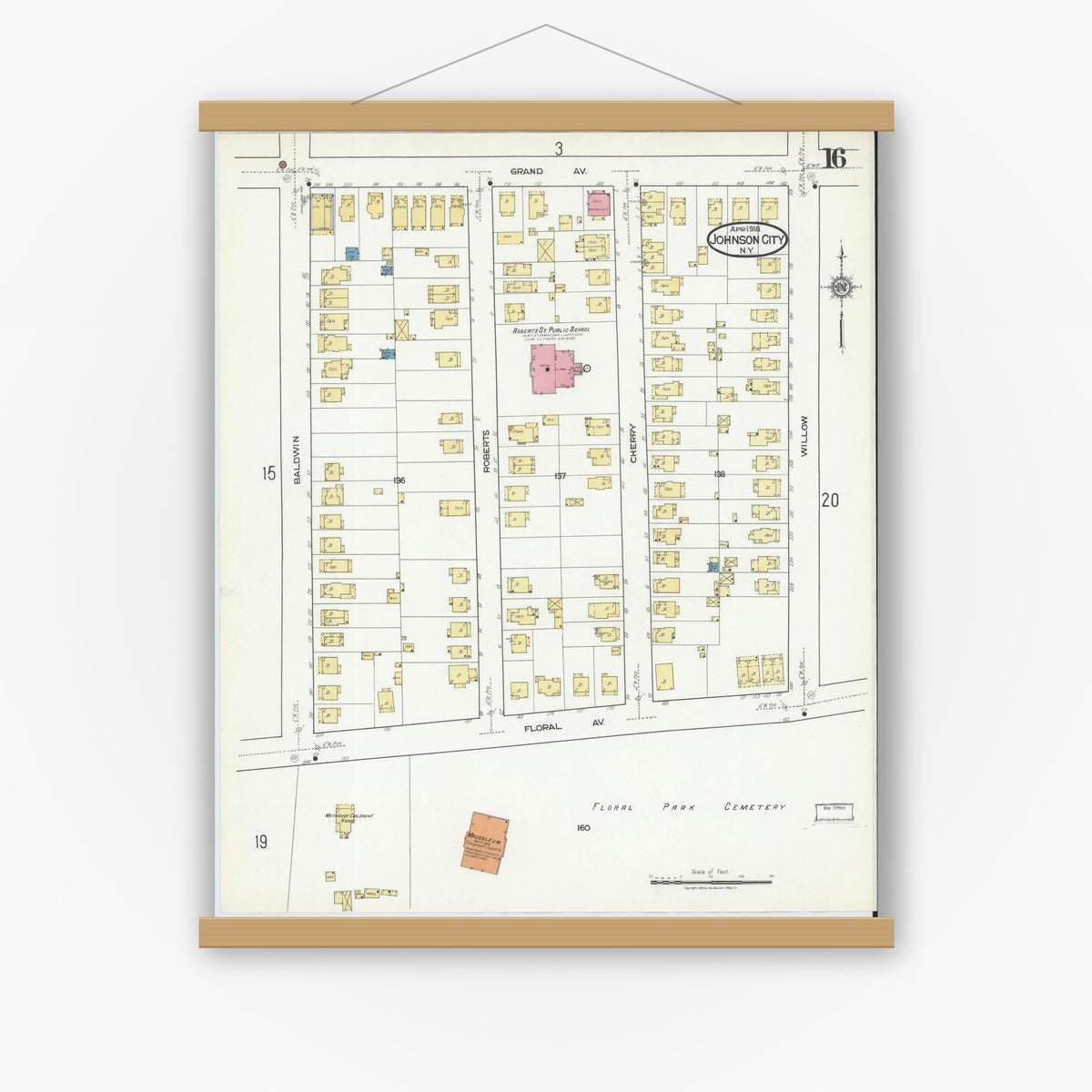 Old map wall art mockup — magnetic wood frame on white wall — Sanborn Fire Insurance Map from Johnson City, Broome County, New York (1918), Sheet #0016