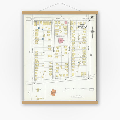 Old map wall art mockup — magnetic wood frame on white wall — Sanborn Fire Insurance Map from Johnson City, Broome County, New York (1918), Sheet #0016