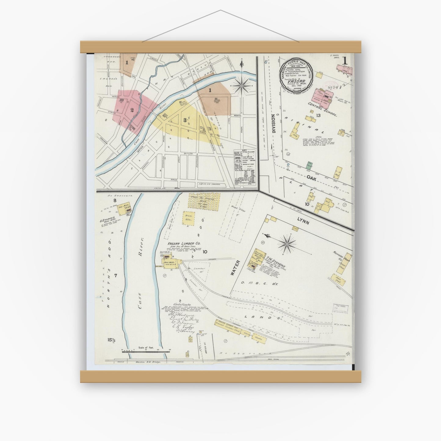 Old map wall art mockup — magnetic wood frame on white wall — Sanborn Fire Insurance Map from Vassar, Tuscola County, Michigan (1889) - Complete Map Set