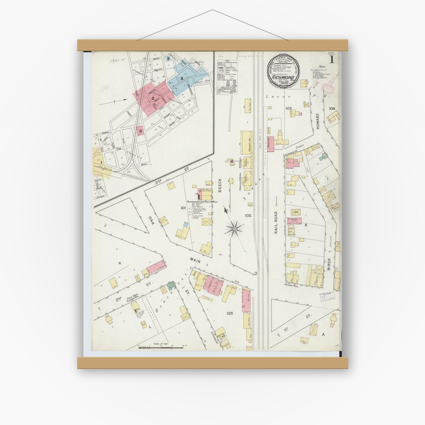 Old map wall art mockup — magnetic wood frame on white wall — Sanborn Fire Insurance Map from Richmond, Macomb County, Michigan (1895) - Complete Map Set