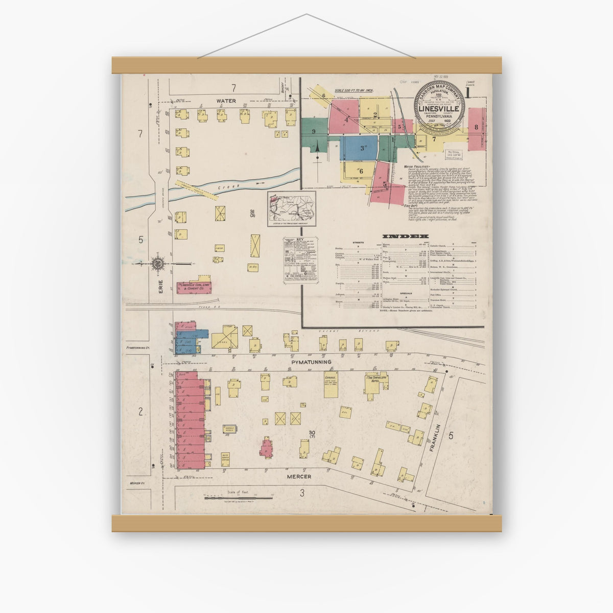 Old map wall art mockup — magnetic wood frame on white wall — Sanborn Fire Insurance Map from Linesville, Crawford County, Pennsylvania (1922), Sheet #0001