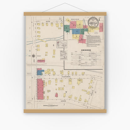 Old map wall art mockup — magnetic wood frame on white wall — Sanborn Fire Insurance Map from Linesville, Crawford County, Pennsylvania (1922), Sheet #0001