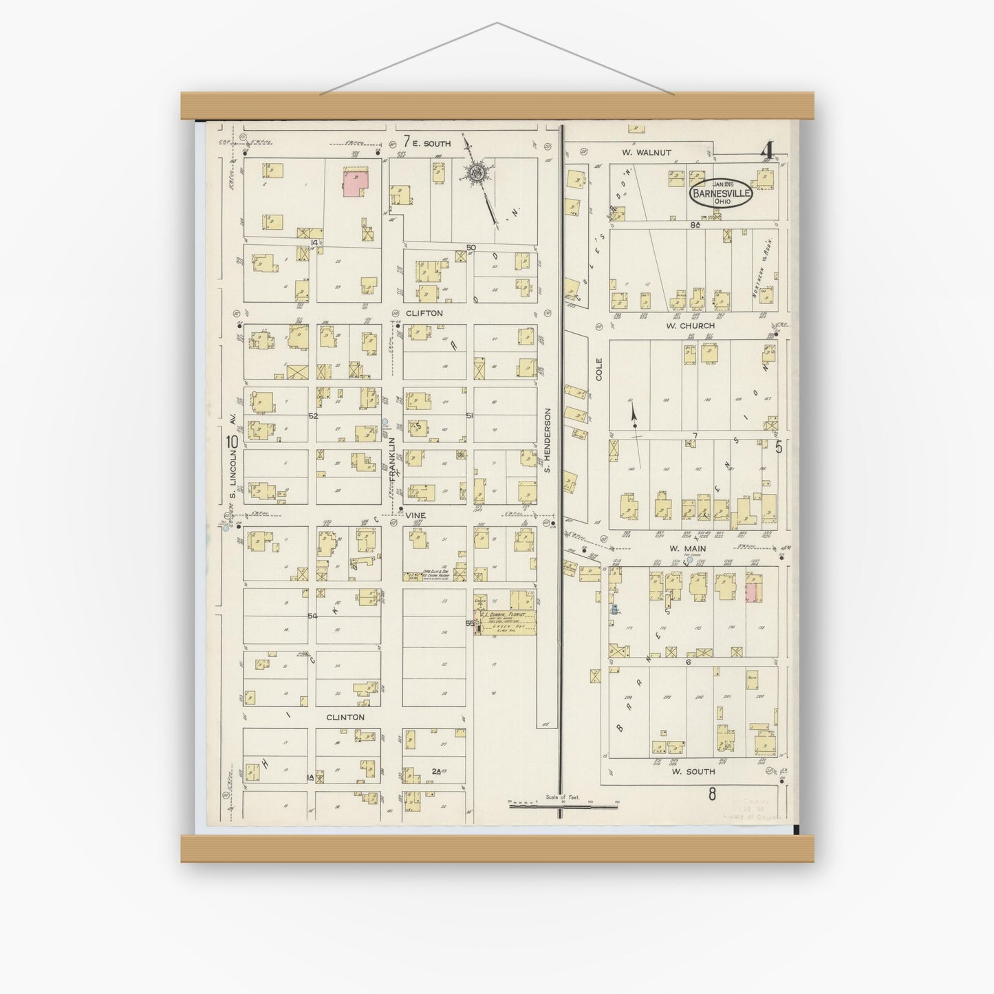 Old map wall art mockup — magnetic wood frame on white wall — Sanborn Fire Insurance Map from Barnesville, Belmont County, Ohio (1915), Sheet #0004