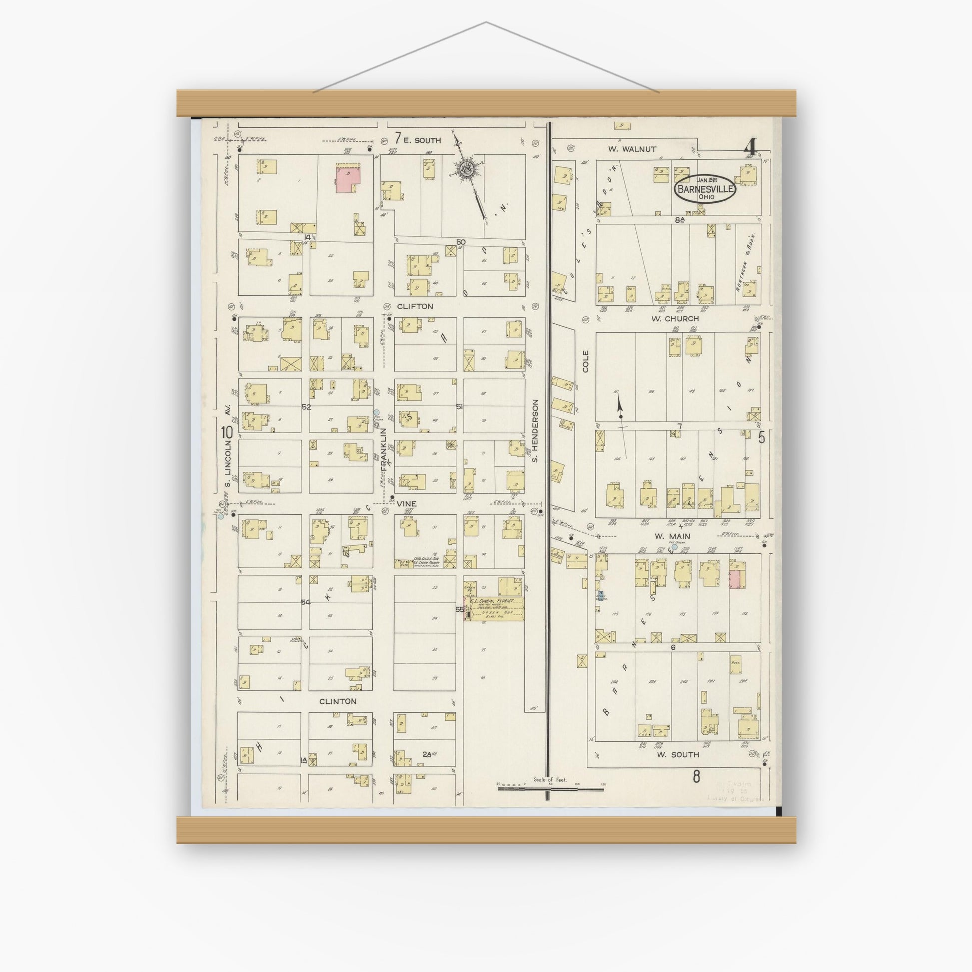 Old map wall art mockup — magnetic wood frame on white wall — Sanborn Fire Insurance Map from Barnesville, Belmont County, Ohio (1915), Sheet #0004