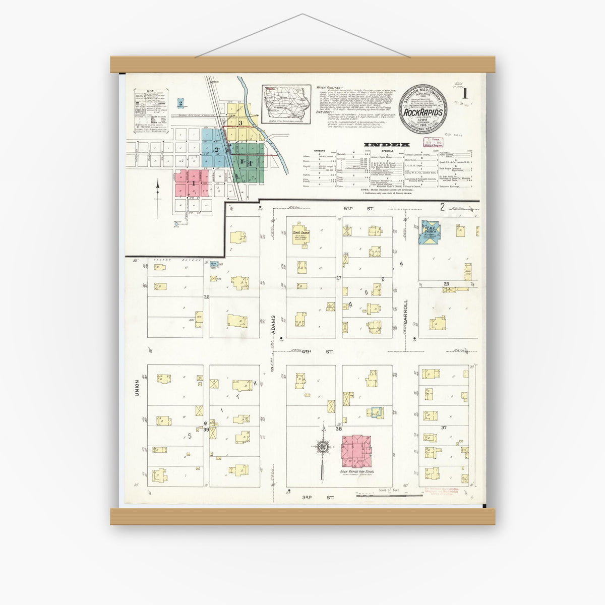 Old map wall art mockup — magnetic wood frame on white wall — Sanborn Fire Insurance Map from Rock Rapids, Lyon County, Iowa (1913) â€” Complete Set