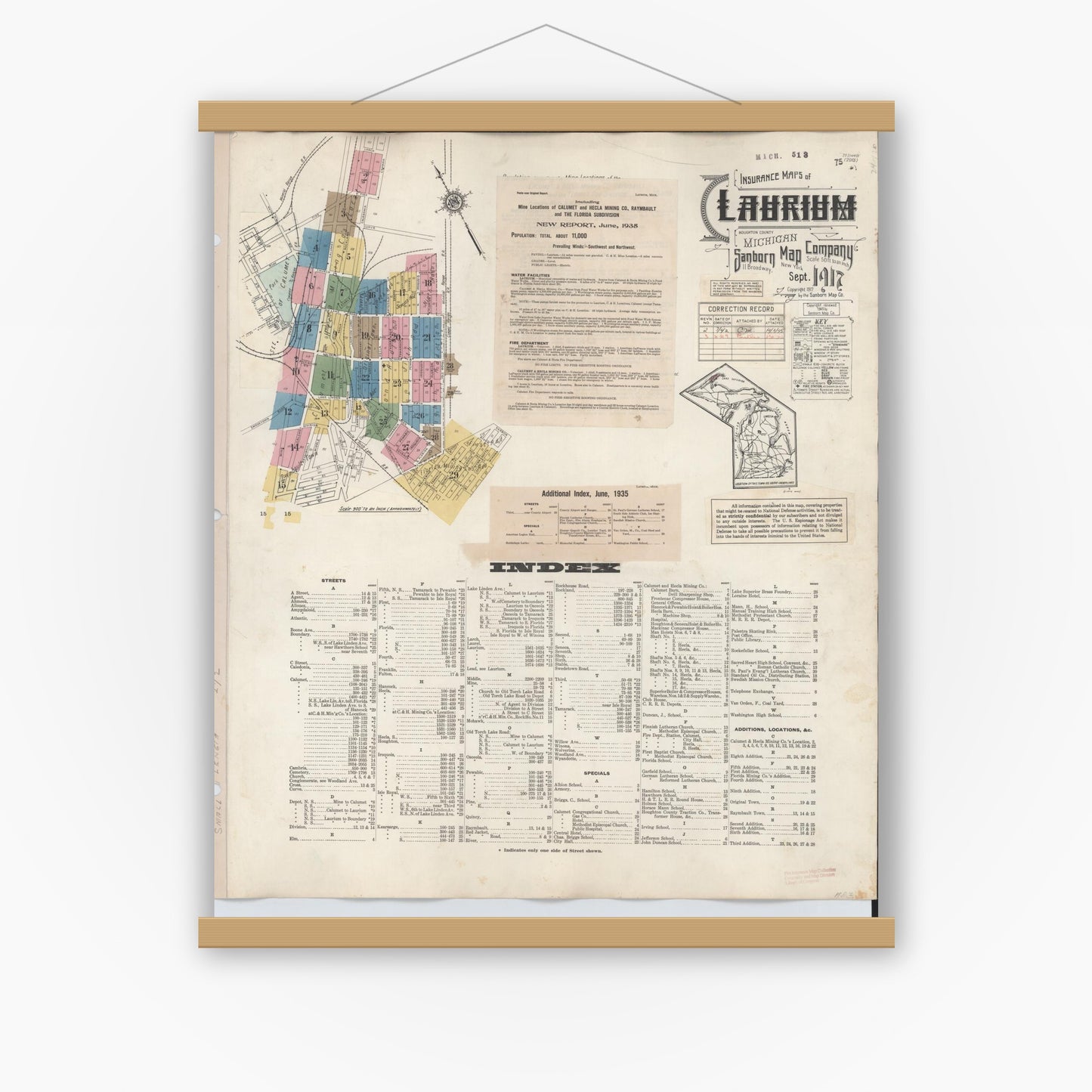 Old map wall art mockup — magnetic wood frame on white wall — Sanborn Fire Insurance Map from Laurium, Houghton County, Michigan (1949) - Complete Map Set