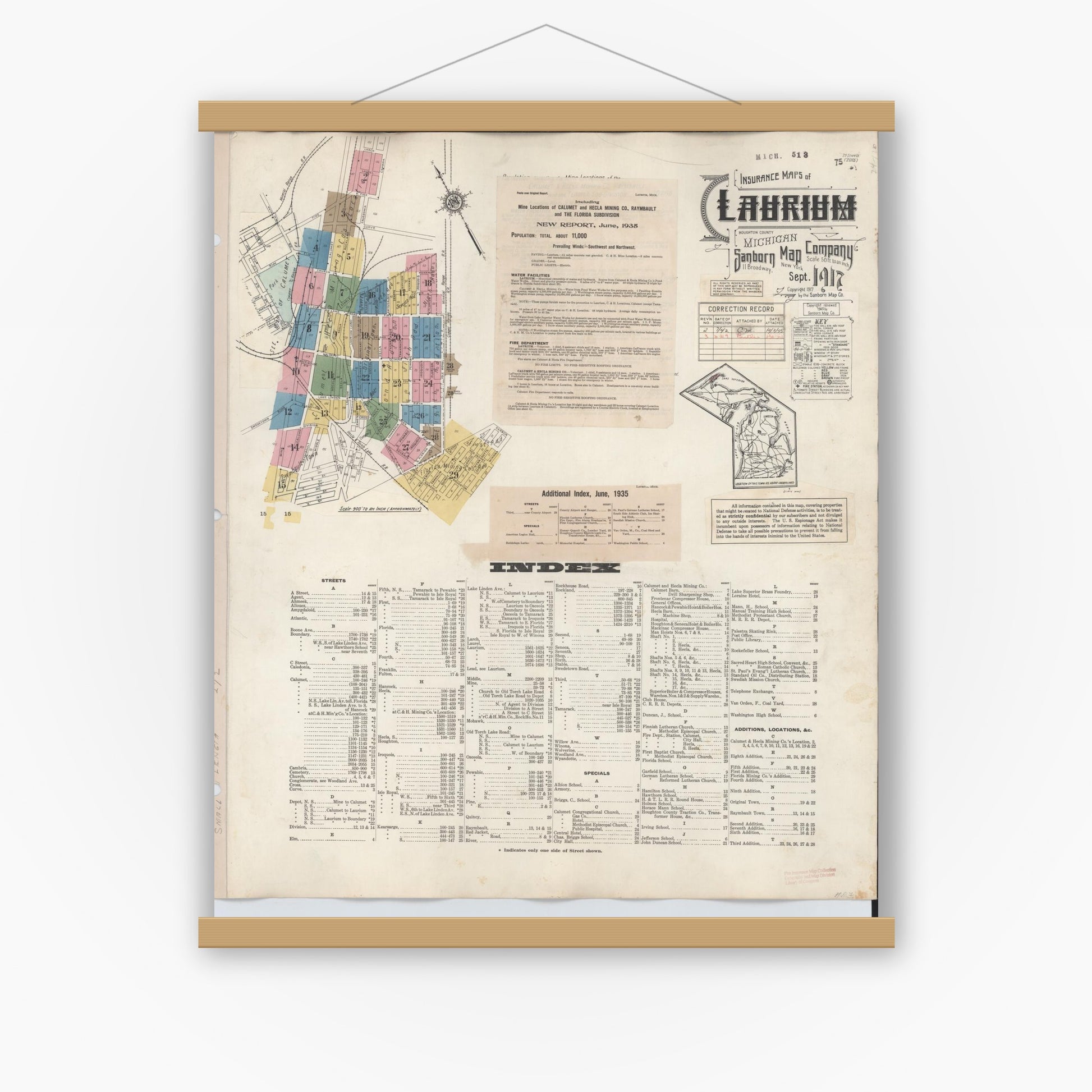 Old map wall art mockup — magnetic wood frame on white wall — Sanborn Fire Insurance Map from Laurium, Houghton County, Michigan (1949) - Complete Map Set