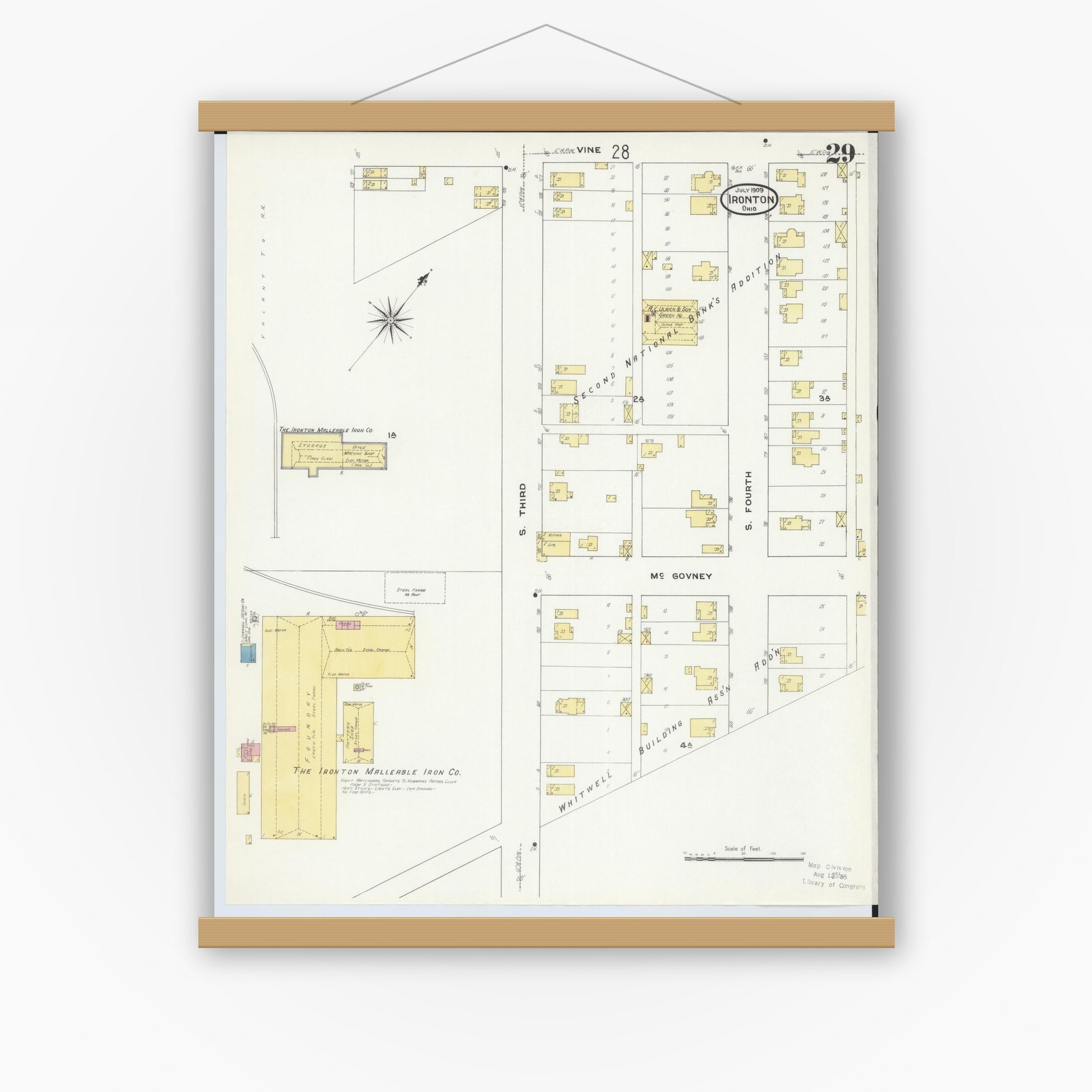 Old map wall art mockup — magnetic wood frame on white wall — Sanborn Fire Insurance Map from Ironton, Lawrence County, Ohio (1909), Sheet #0029