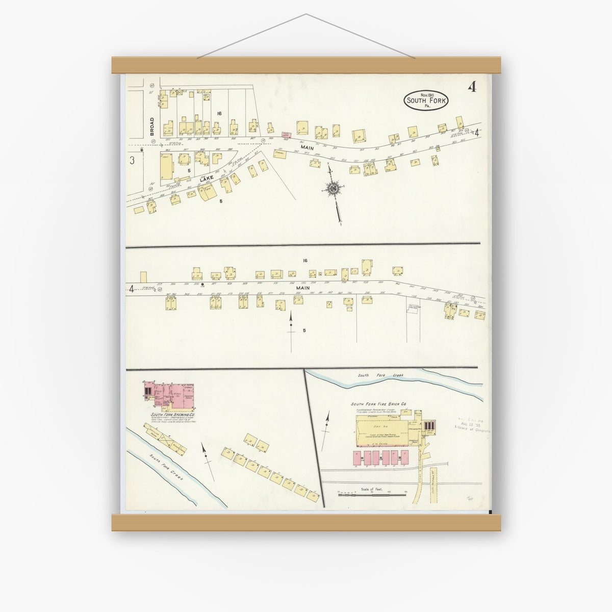 Old map wall art mockup — magnetic wood frame on white wall — Sanborn Fire Insurance Map from South Fork, Cambria County, Pennsylvania (1910), Sheet #0004