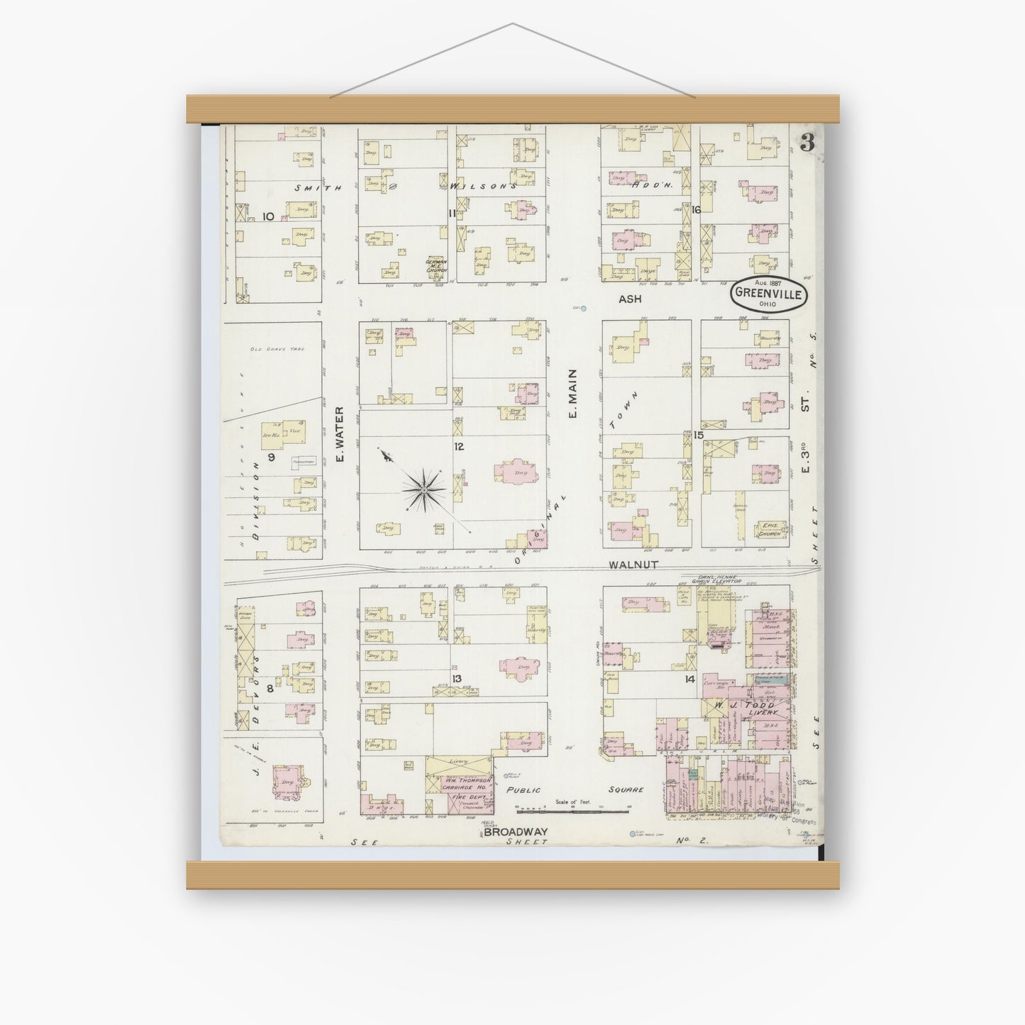 Old map wall art mockup — magnetic wood frame on white wall — Sanborn Fire Insurance Map from Greenville, Darke County, Ohio (1887), Sheet #0003