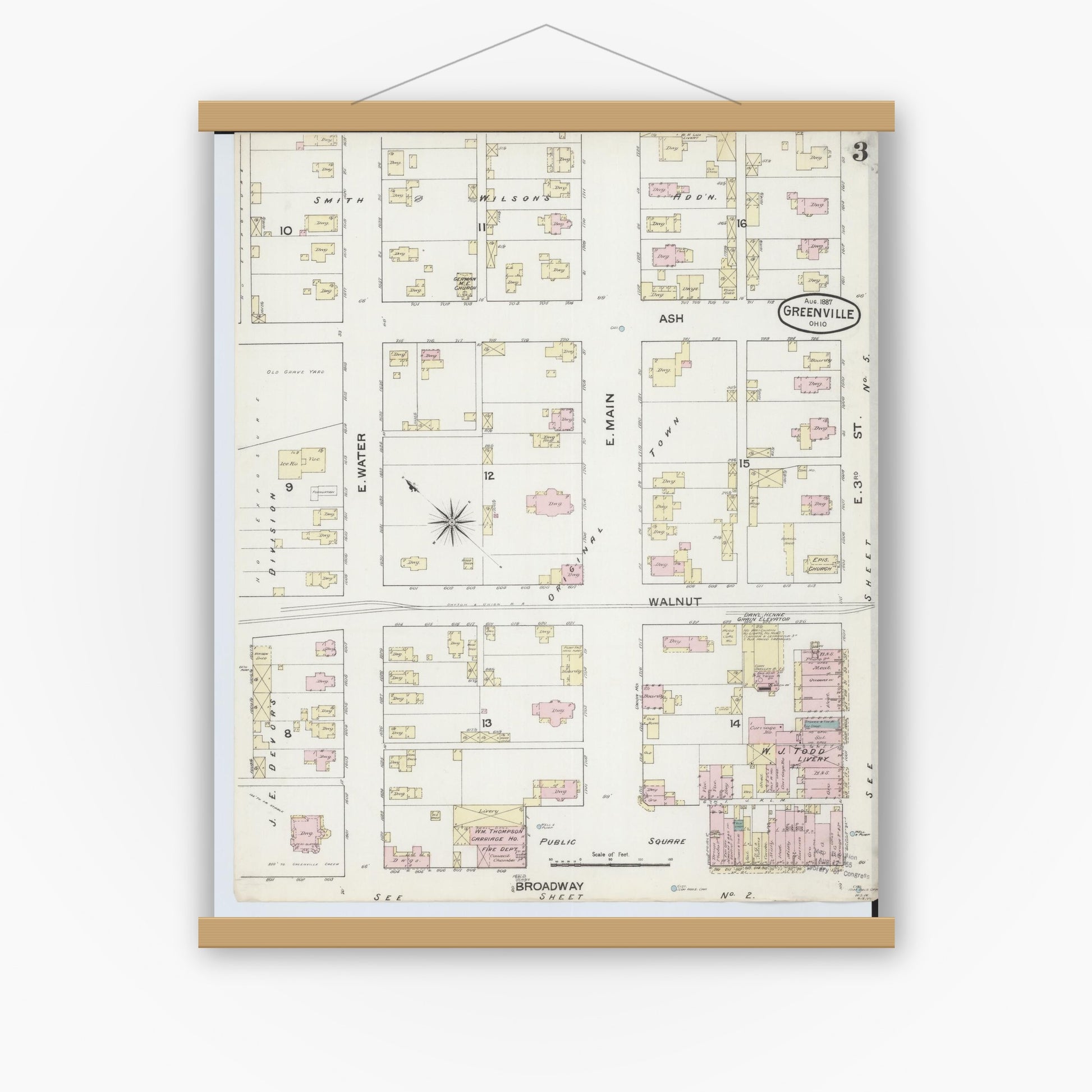 Old map wall art mockup — magnetic wood frame on white wall — Sanborn Fire Insurance Map from Greenville, Darke County, Ohio (1887), Sheet #0003