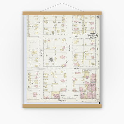 Old map wall art mockup — magnetic wood frame on white wall — Sanborn Fire Insurance Map from Greenville, Darke County, Ohio (1887), Sheet #0003