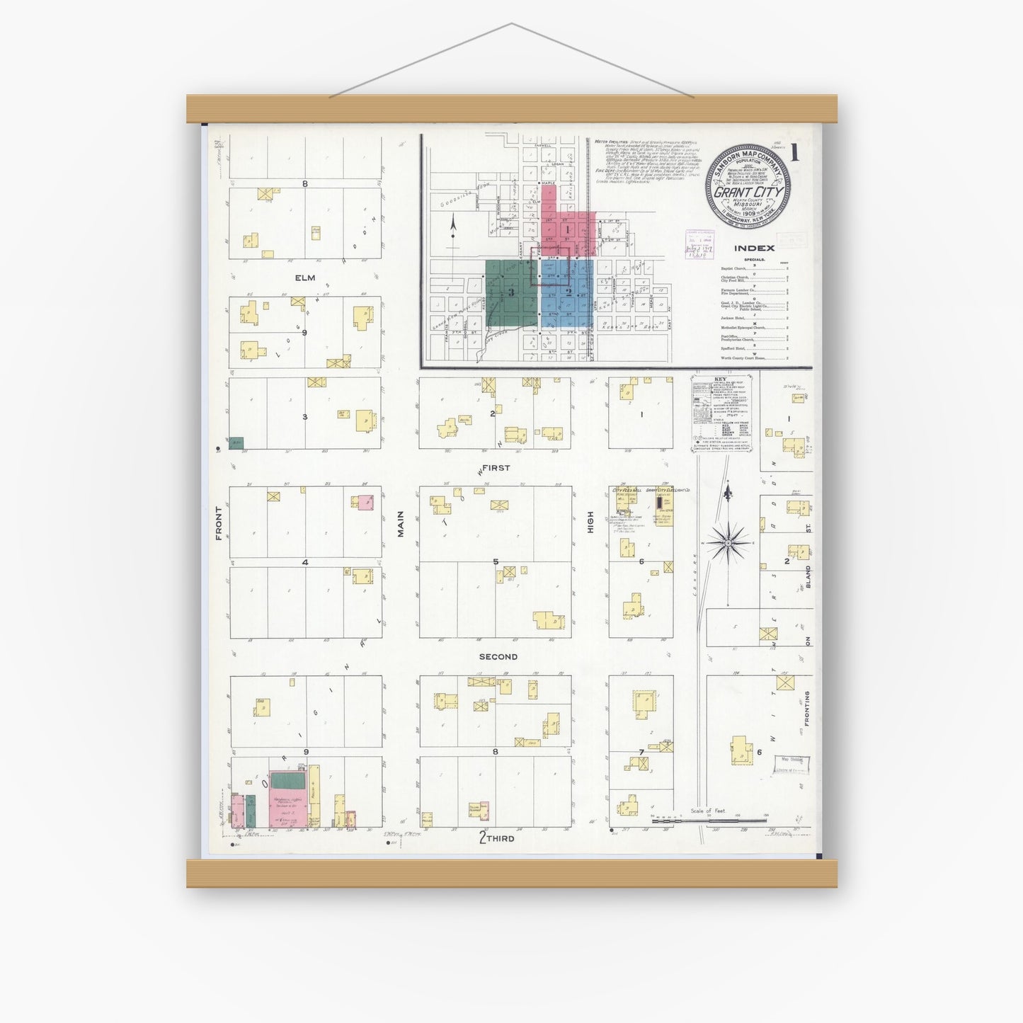 Old map wall art mockup — magnetic wood frame on white wall — Sanborn Fire Insurance Map from Grant City, Worth County, Missouri (1909) - Complete Map Set