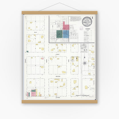 Old map wall art mockup — magnetic wood frame on white wall — Sanborn Fire Insurance Map from Grant City, Worth County, Missouri (1909) - Complete Map Set