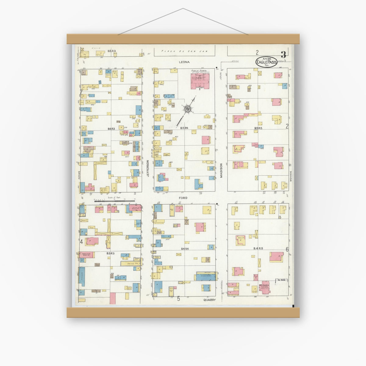 Old map wall art mockup — magnetic wood frame on white wall — Sanborn Fire Insurance Map from Eagle Pass, Maverick County, Texas (1916), Sheet #0003